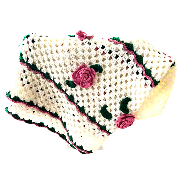 Vintage Handmade Crochet Open Weave Blanket 3D Flower Rose Cottagecore Fairycore - Picture 3 of 8